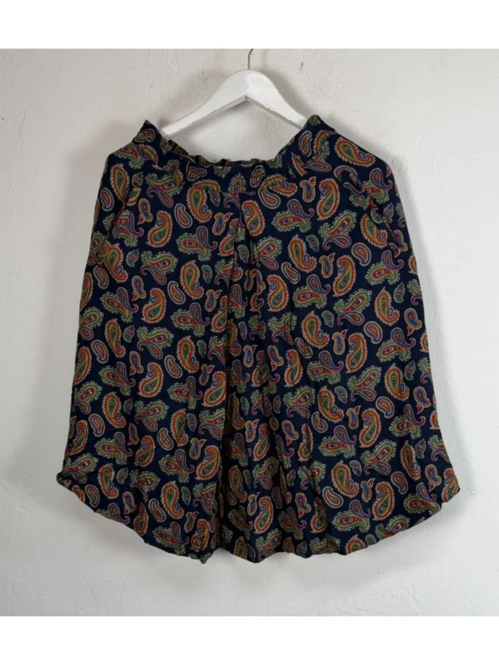 Vintage Liz Sport Paisley Print Midi Skirt Navy Rayon Elastic Waist Small A-Line
